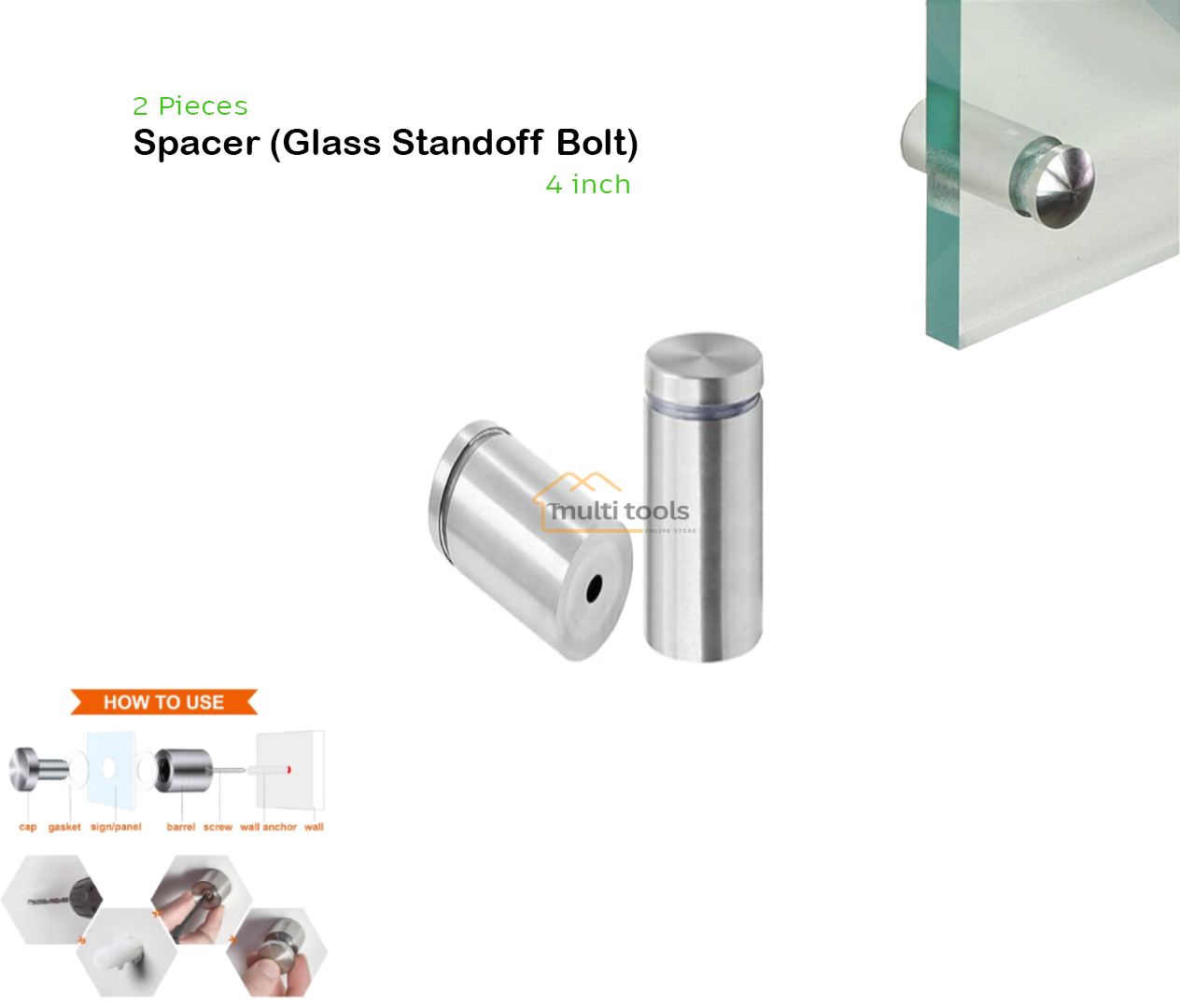 2 Pecs Spacer 4-Inch (Glass Standoff Bolt) 